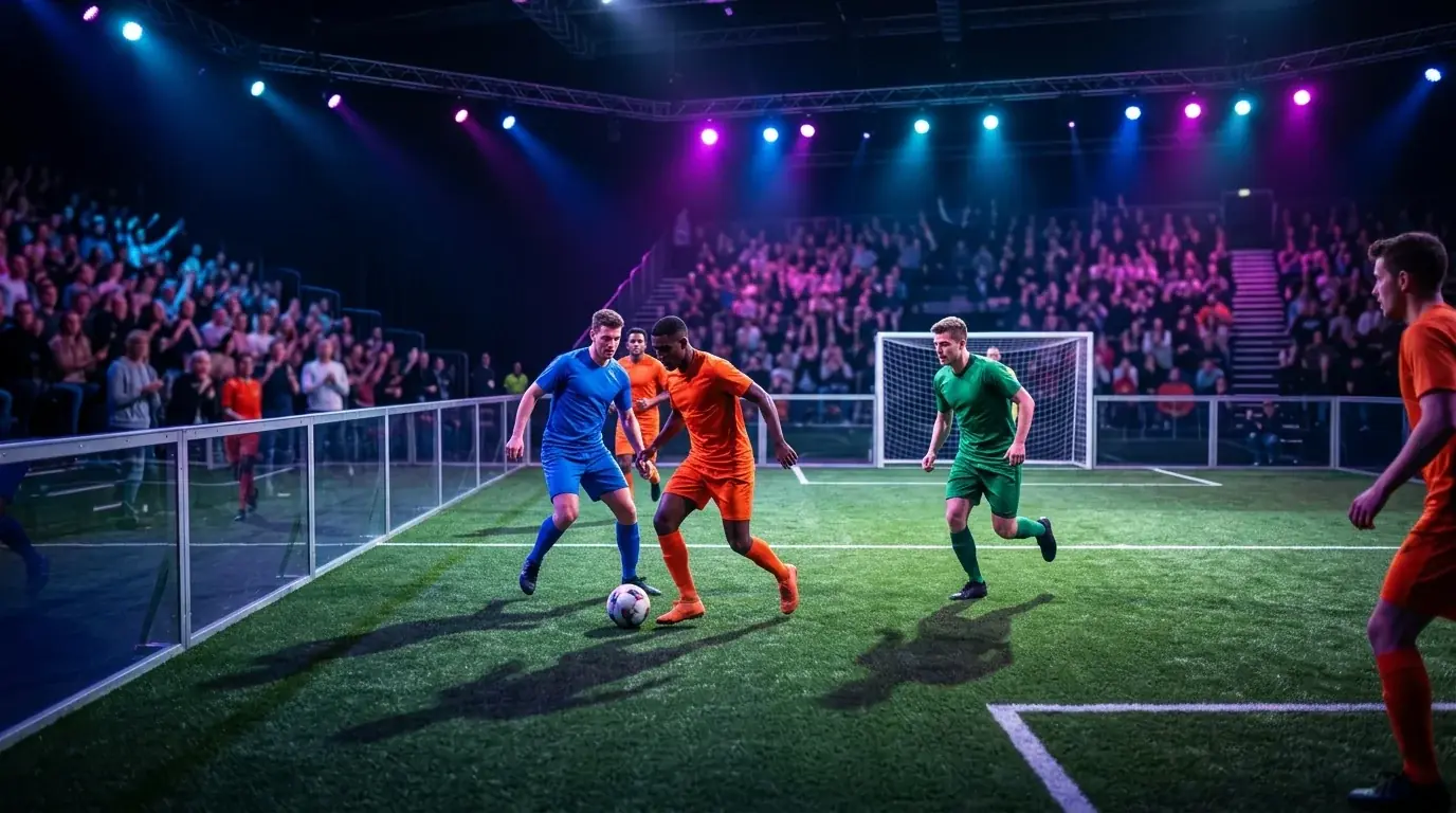 Kleinfeld-Entertainment-Format in einer Halle: Spieler einer Indoor-Liga im Sechs-gegen-sechs vor Zuschauerrängen