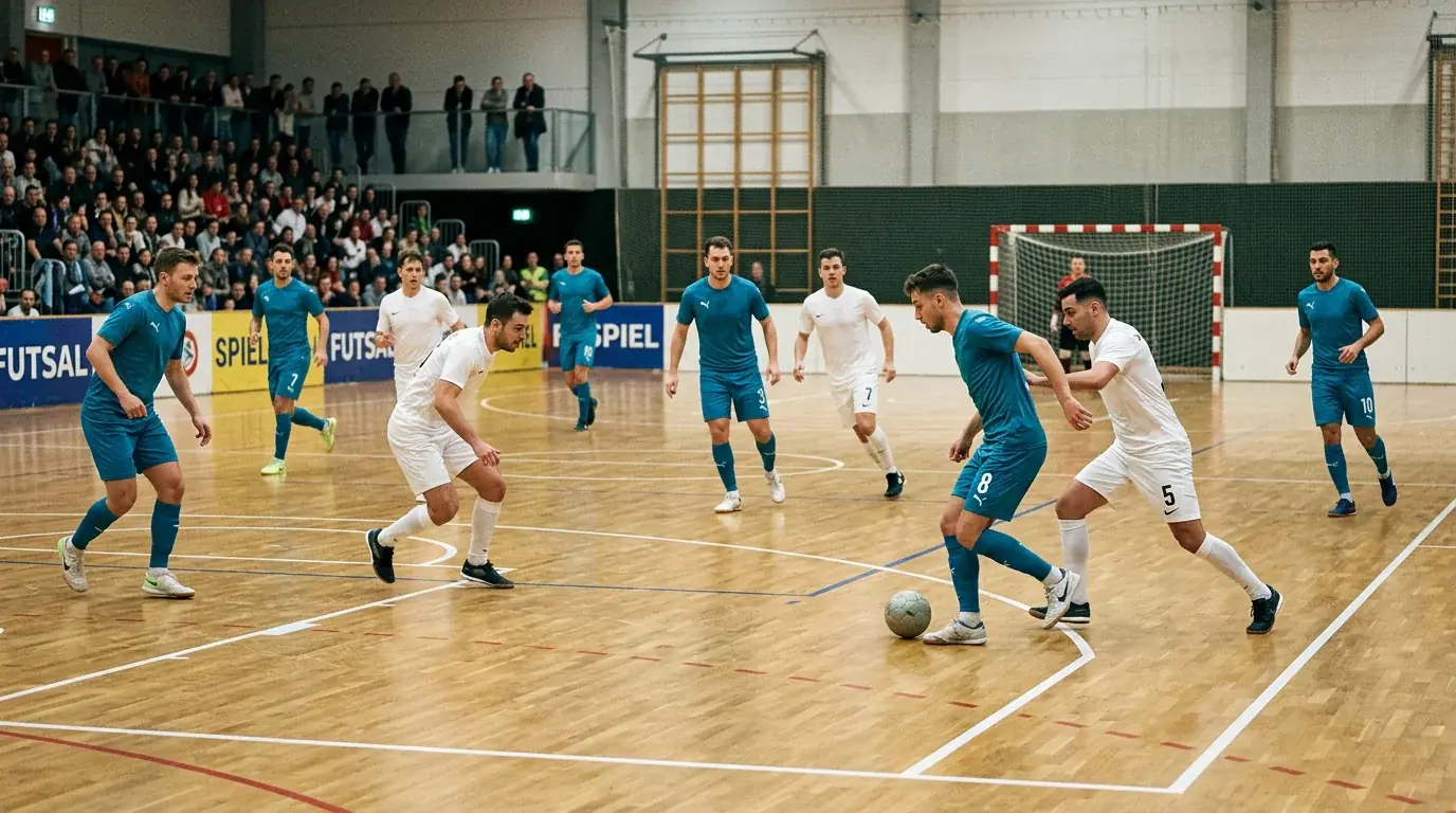 Futsal-Partie in der Halle: zwei Teams im Fünf-gegen-fünf auf dem Hallenboden mit dem sprungreduzierten Futsalball