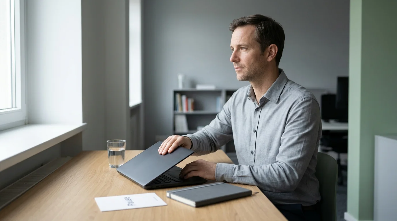 Nachdenkliche Person macht am Schreibtisch eine bewusste Pause vom Wetten als Sinnbild für verantwortungsvolles Spielen