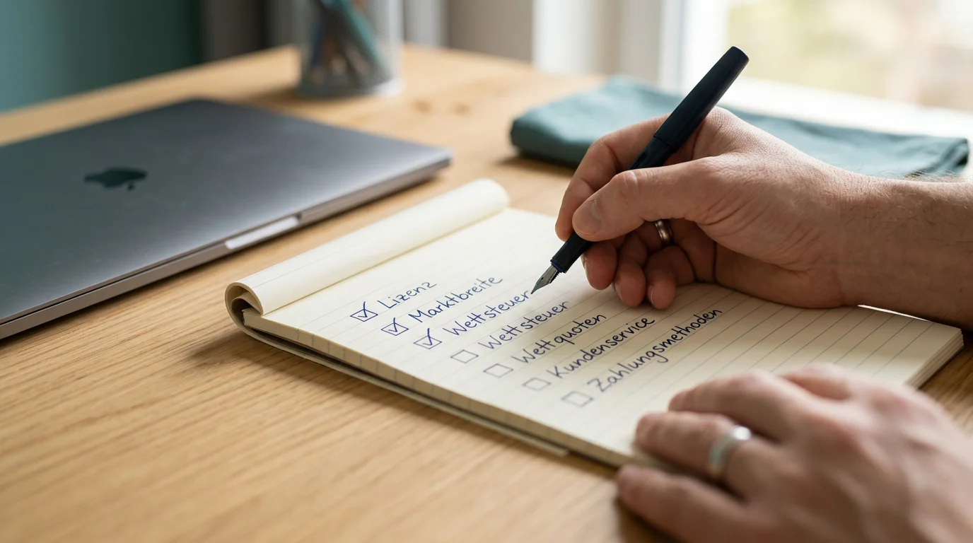 Person geht eine handschriftliche Prüfliste auf einem Notizblock durch, daneben ein Laptop mit Anbieterübersicht